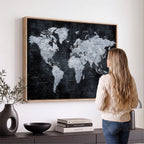 Black World Map Canvas Print | Detailed Map for Couples and Anniversary Gift