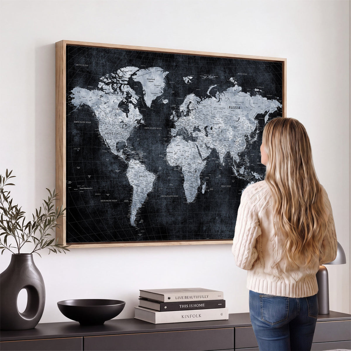 Black World Map Canvas Print | Detailed Map for Couples and Anniversary Gift