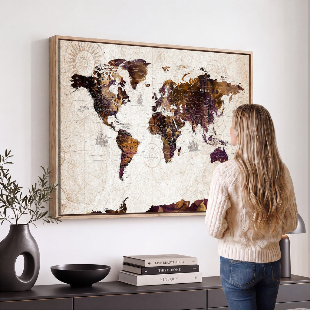 Blue Watercolor World Map Canvas Print | Framed Modern Wall Art
