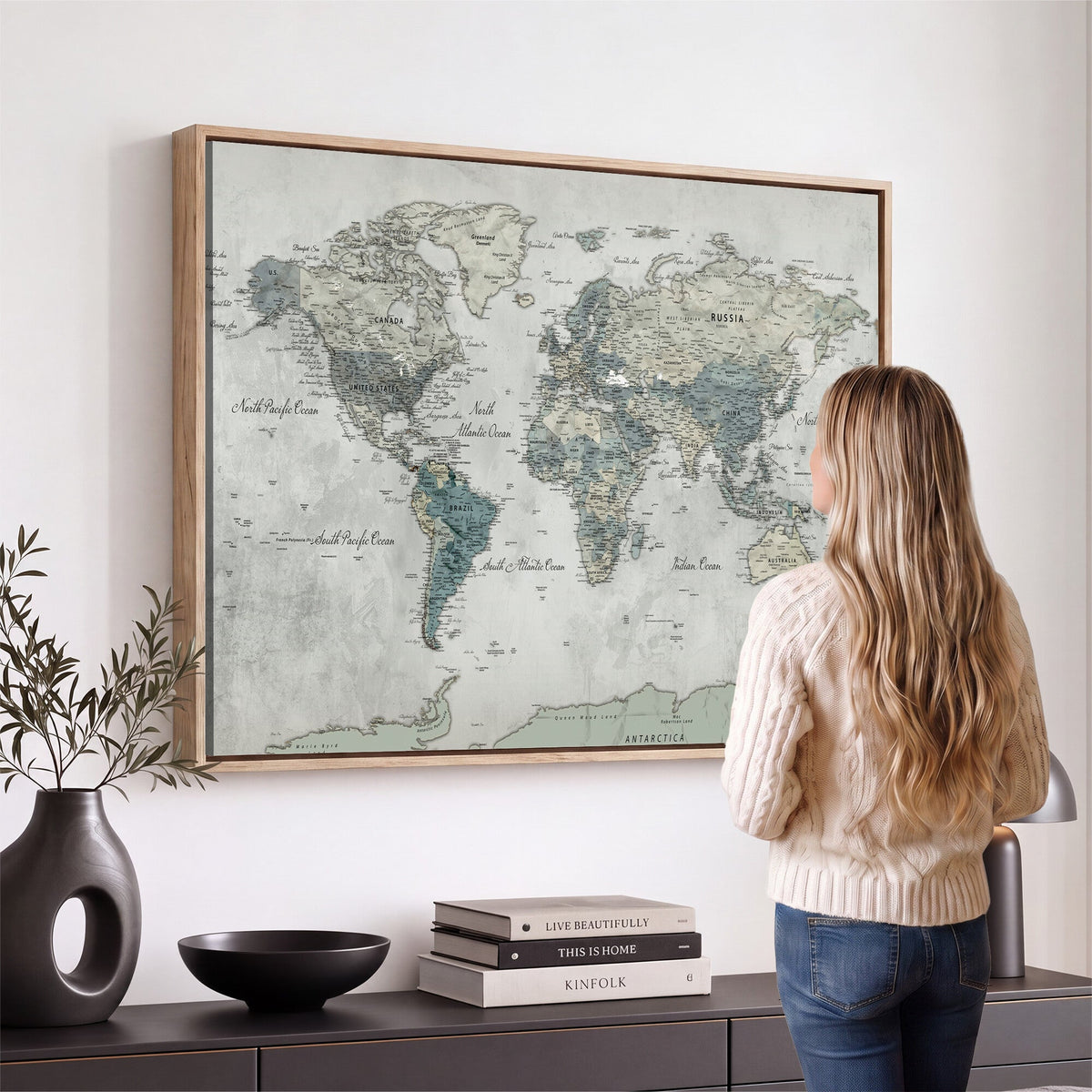 Neutral Vintage World Map Canvas Wall Art Print, Classic Map Artwork