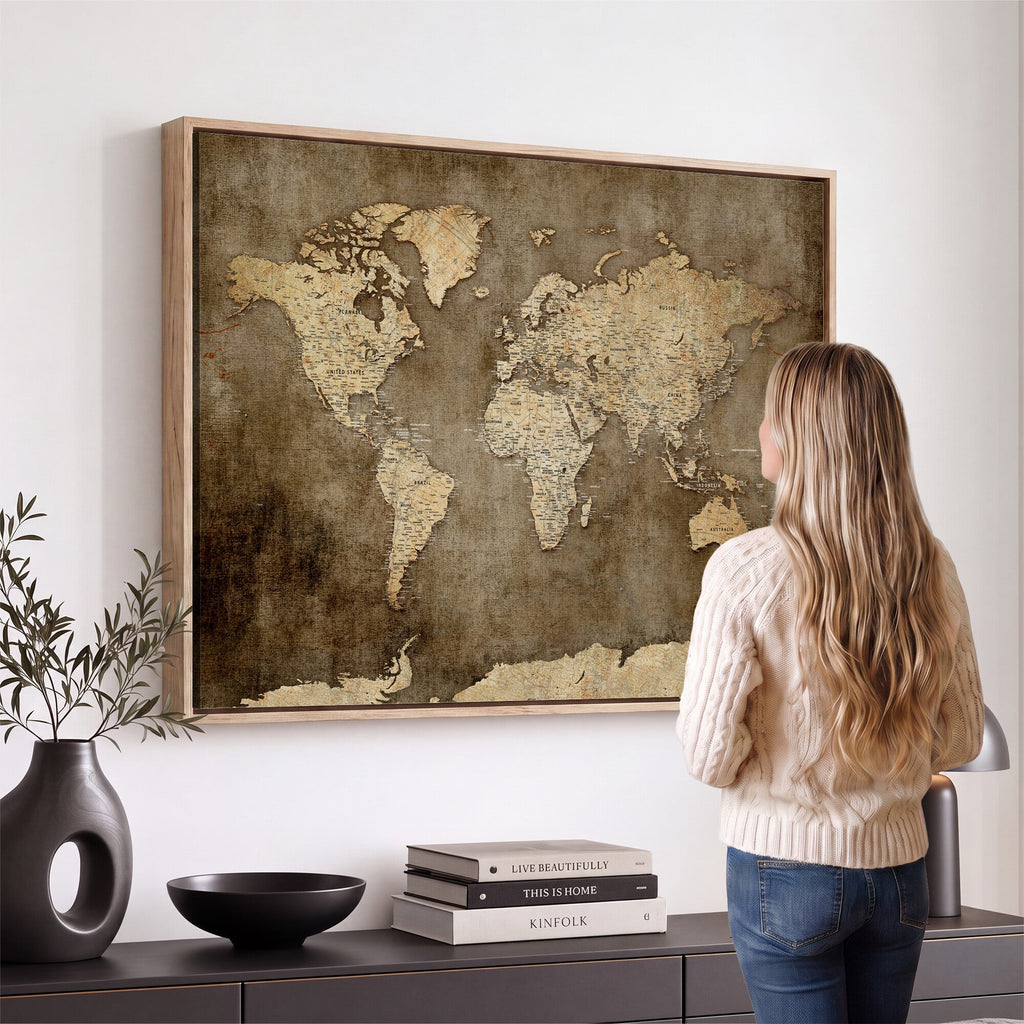 Dark Vintage World Map Canvas Wall Art Print, Antique Map Artwork