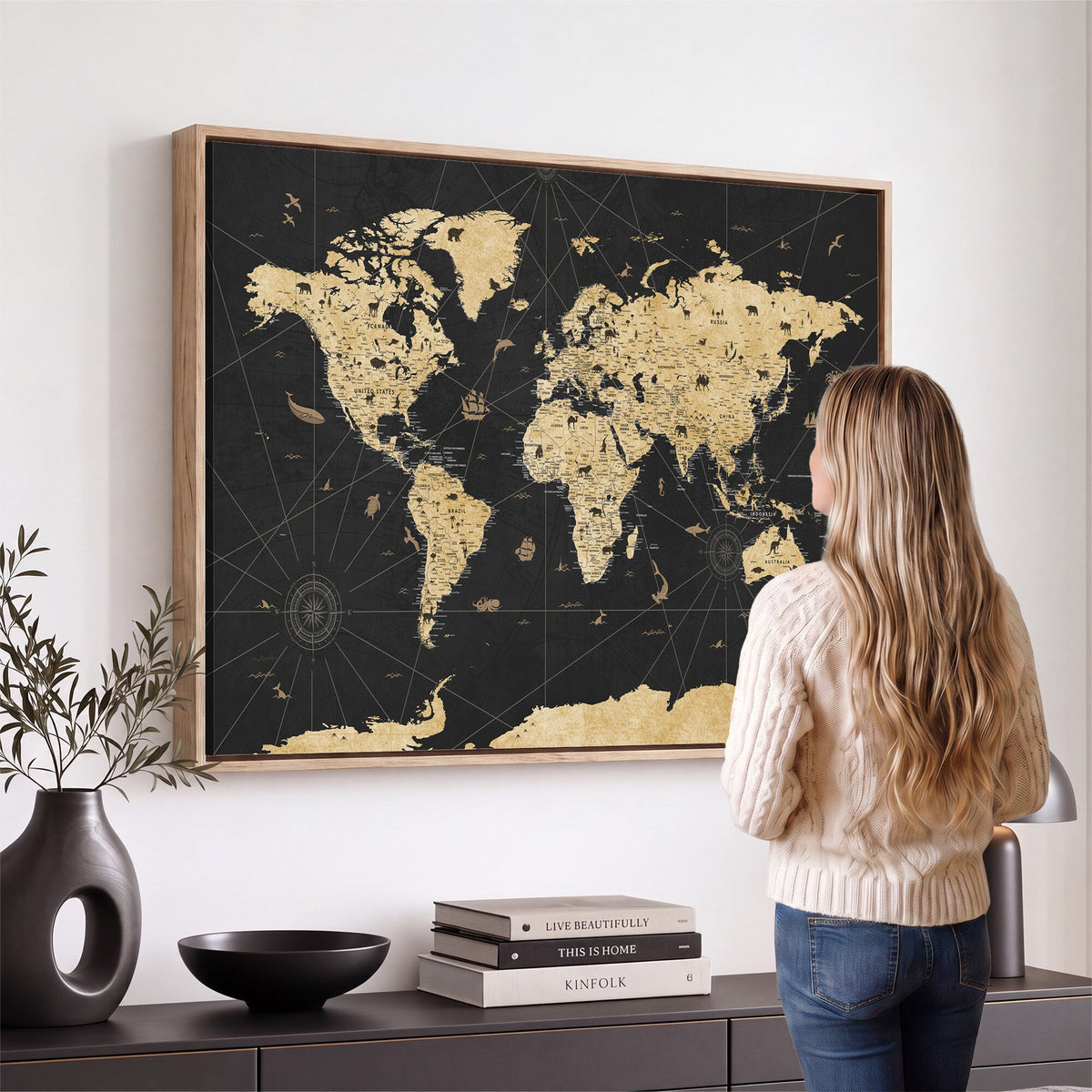 Vintage Blue and Brown World Map Canvas Wall Art | Framed Rustic Map Print