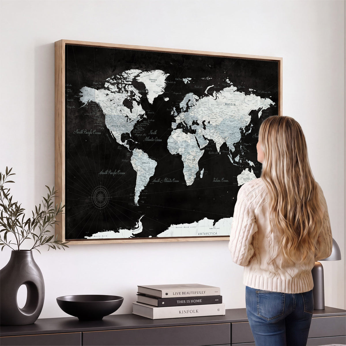 World Map Canvas Print | Framed Push Pin Wall Art, Color Splash Travel Map