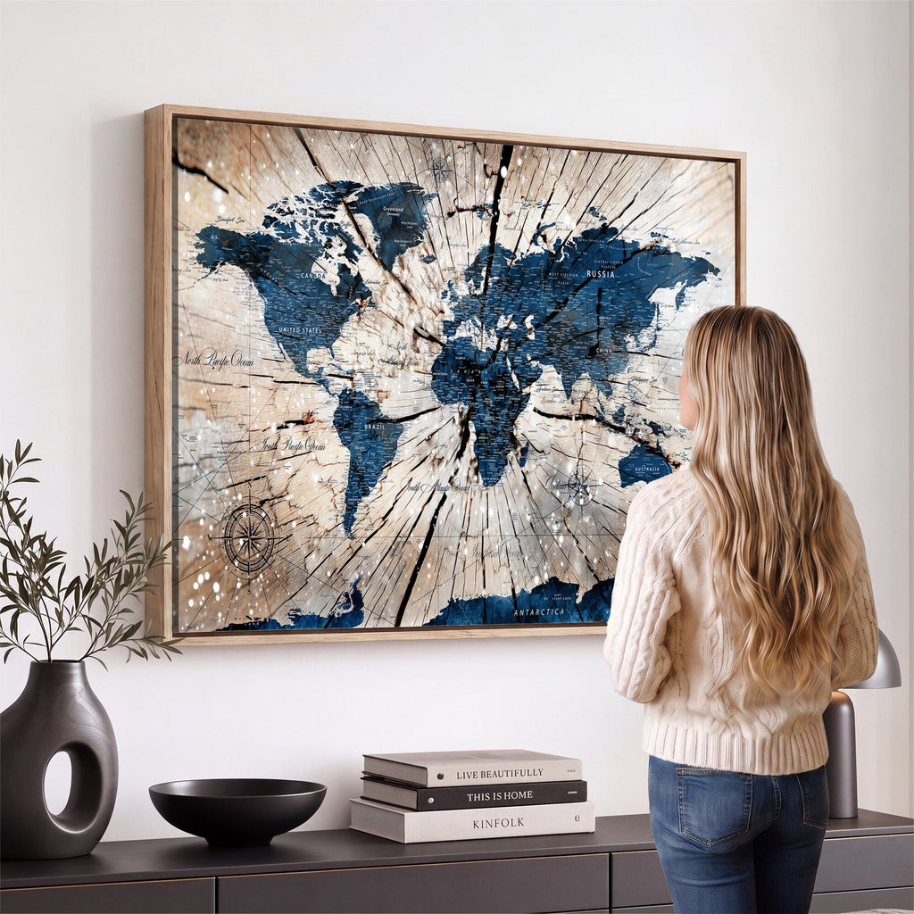 Rustic World Map Canvas Print | Framed Wall Art for Couples
