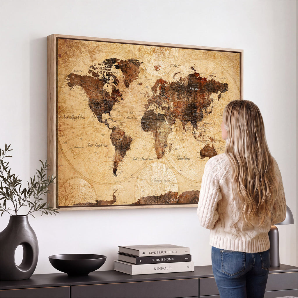 Modern Red and Gray World Map Canvas Print | Framed Wall Art