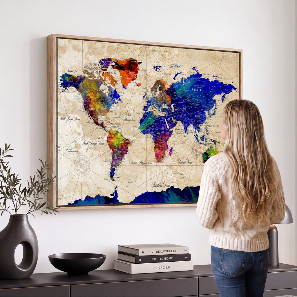 Watercolor World Map Canvas Print | Framed Wall Art for Couples