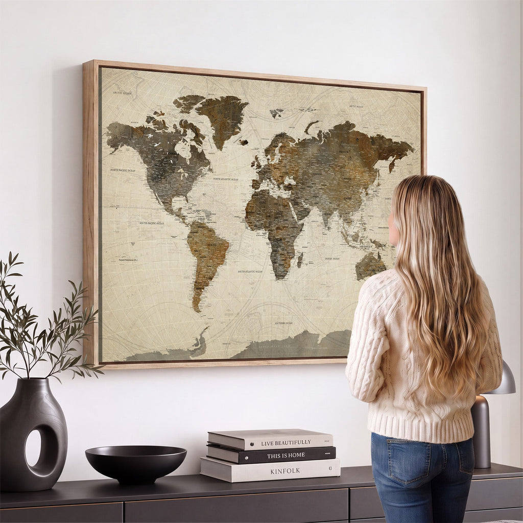 Vintage World Map Canvas Wall Art | Framed Antique Style Travel Map
