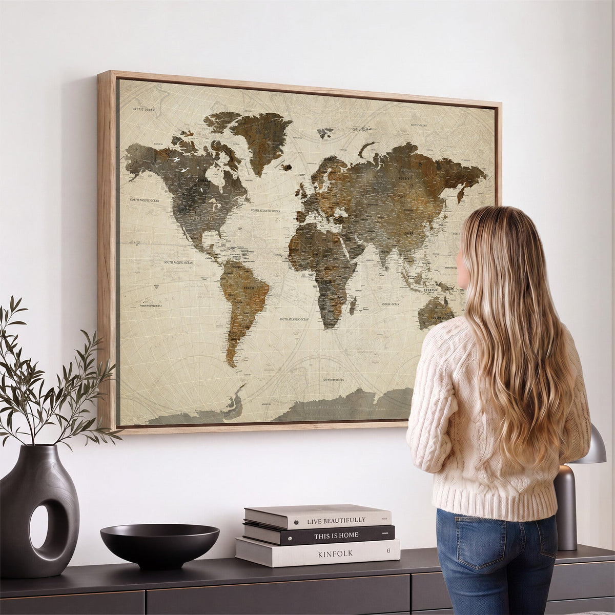 Vintage World Map Canvas Wall Art | Framed Antique Style Travel Map