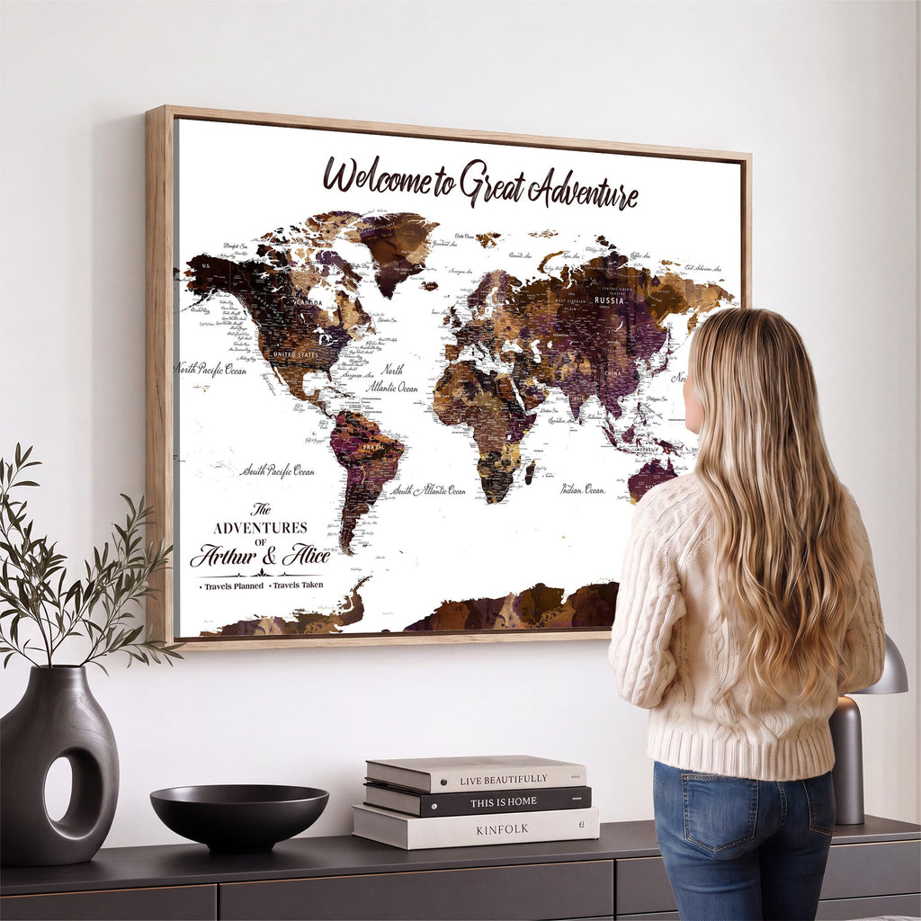 Custom Push Pin World Map Wall Art Canvas Print | Personalized Travel Map