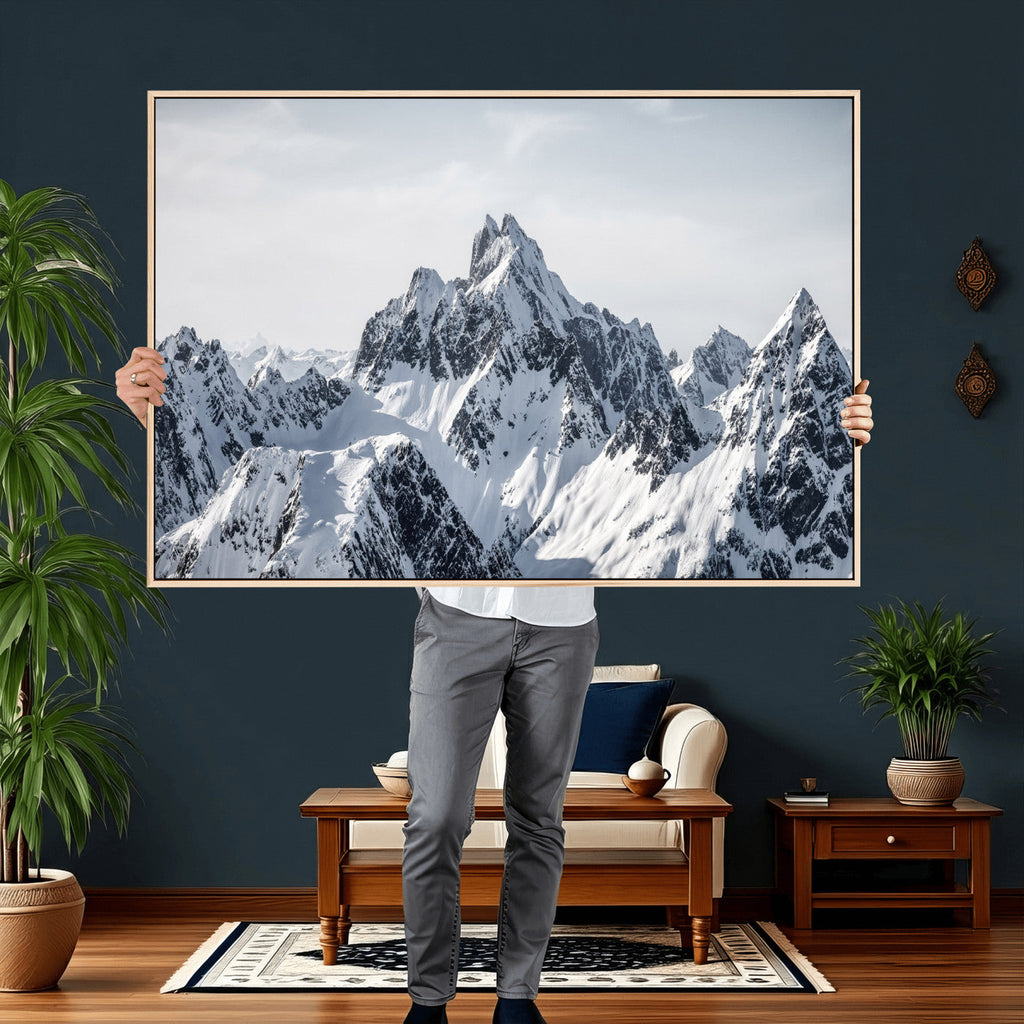 Snowy Mountain Range Canvas Print, Alpine Peaks Landscape Wall Art