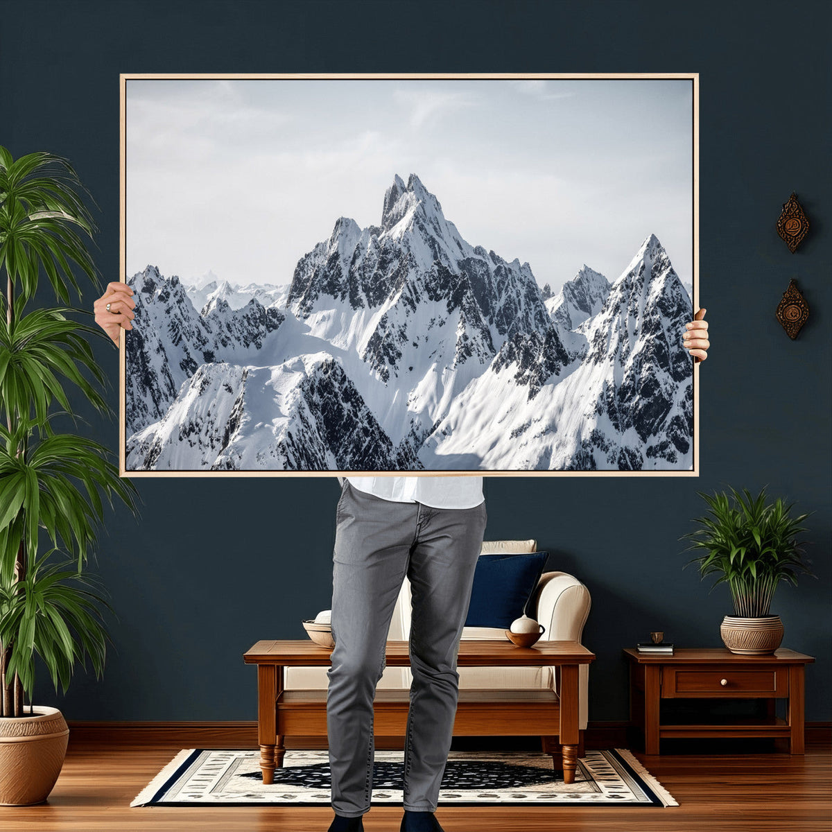 Snowy Mountain Range Canvas Print, Alpine Peaks Landscape Wall Art