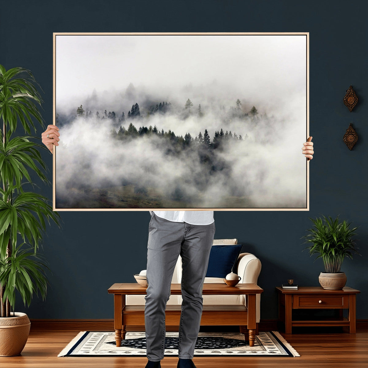 Foggy Forest Wall Art Canvas Print, Misty Pine Tree Landscape