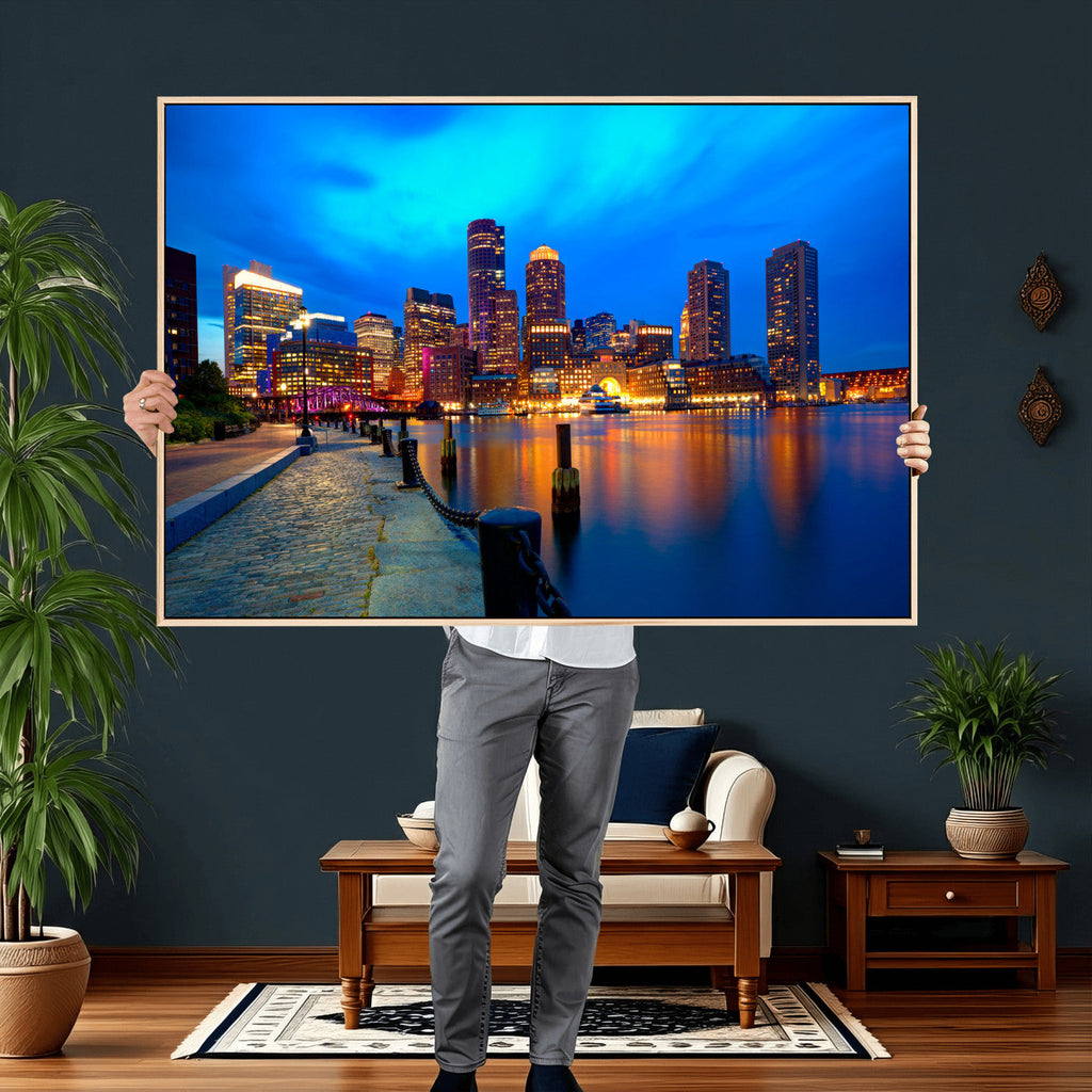 Boston Wall Art Canvas Print, Boston City Downtown Night Cityscape