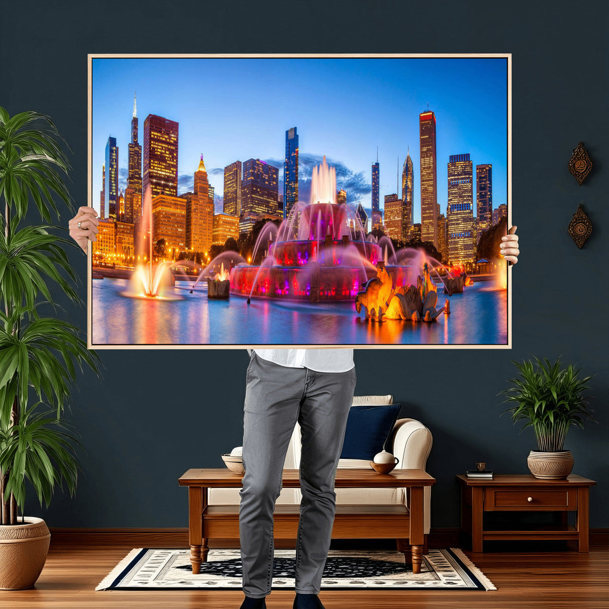 Chicago Wall Art Canvas Print, Chicago City Downtown Night Cityscape