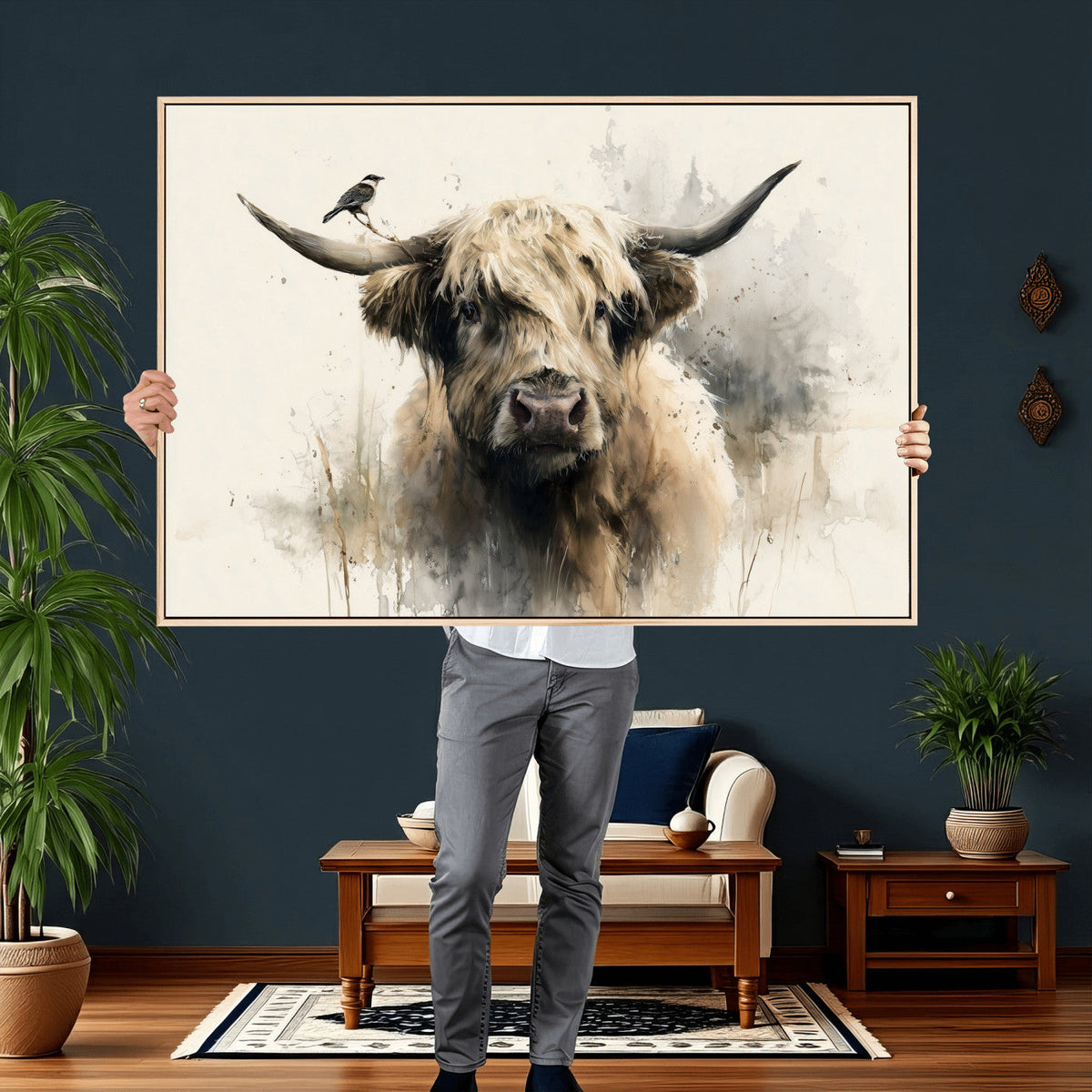 Abstract Highland Cow Wall Art Canvas Print, Rustic Farm Cattle Portrait