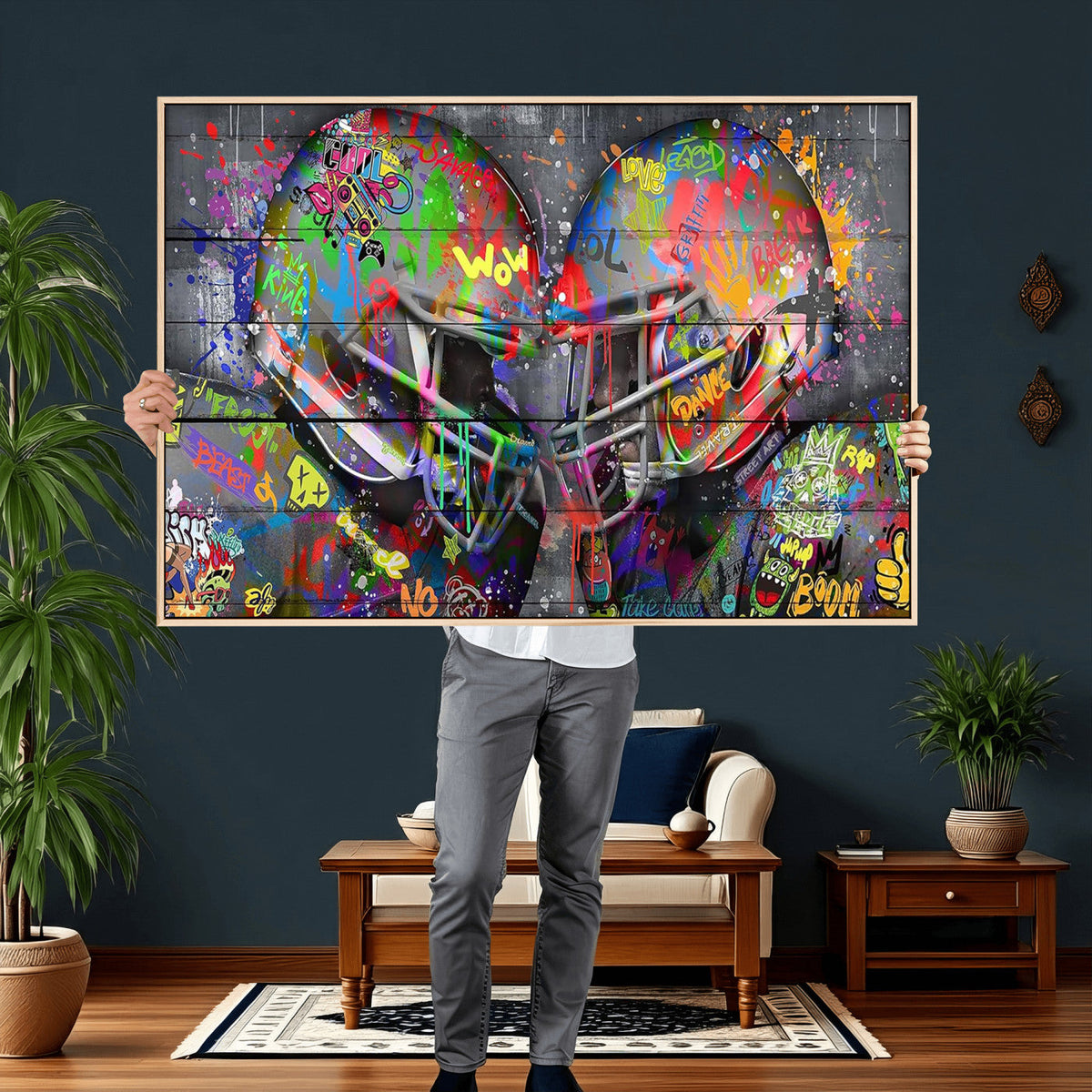 Graffiti Football Helmets Wall Art Canvas Print, Urban Street Art