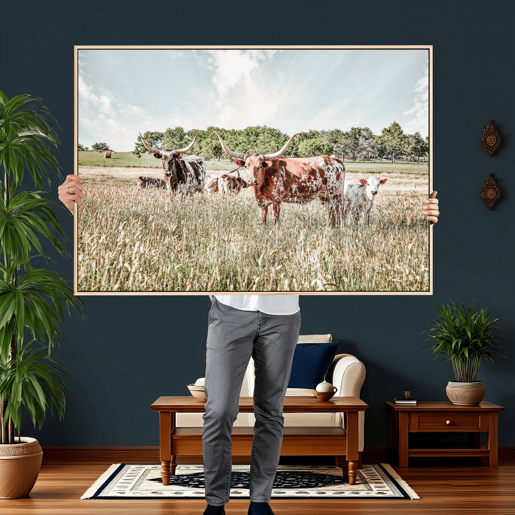 Texas Longhorn Cattle Wall Art Canvas Print, Western Ranch Landscape Decor