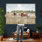 Texas Longhorn Cattle Wall Art Canvas Print, Western Ranch Landscape Decor