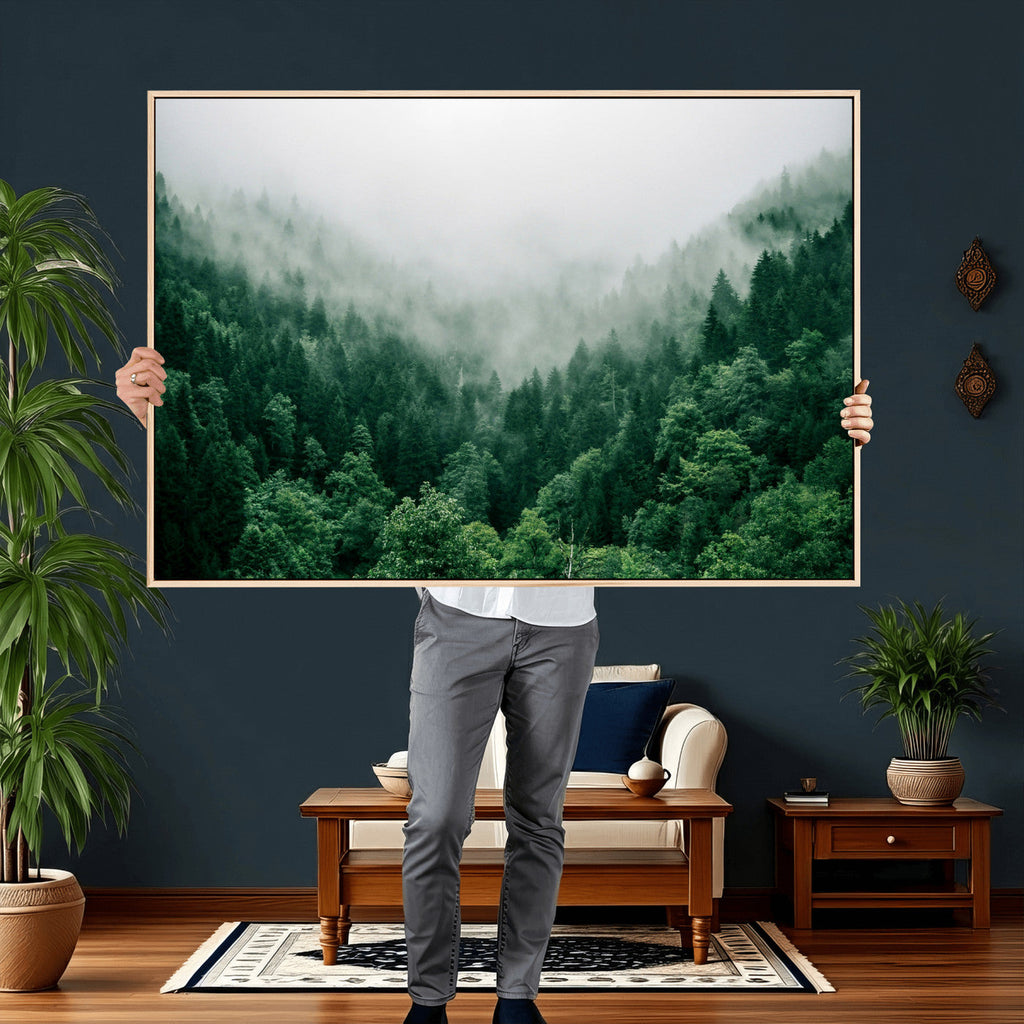 Misty Pine Forest Wall Art Canvas Print, Foggy Evergreen Landscape