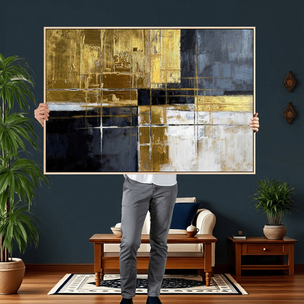 Gold Navy Abstract Wall Art Canvas Print, Modern Luxury Geometric Art for Living Room and Office