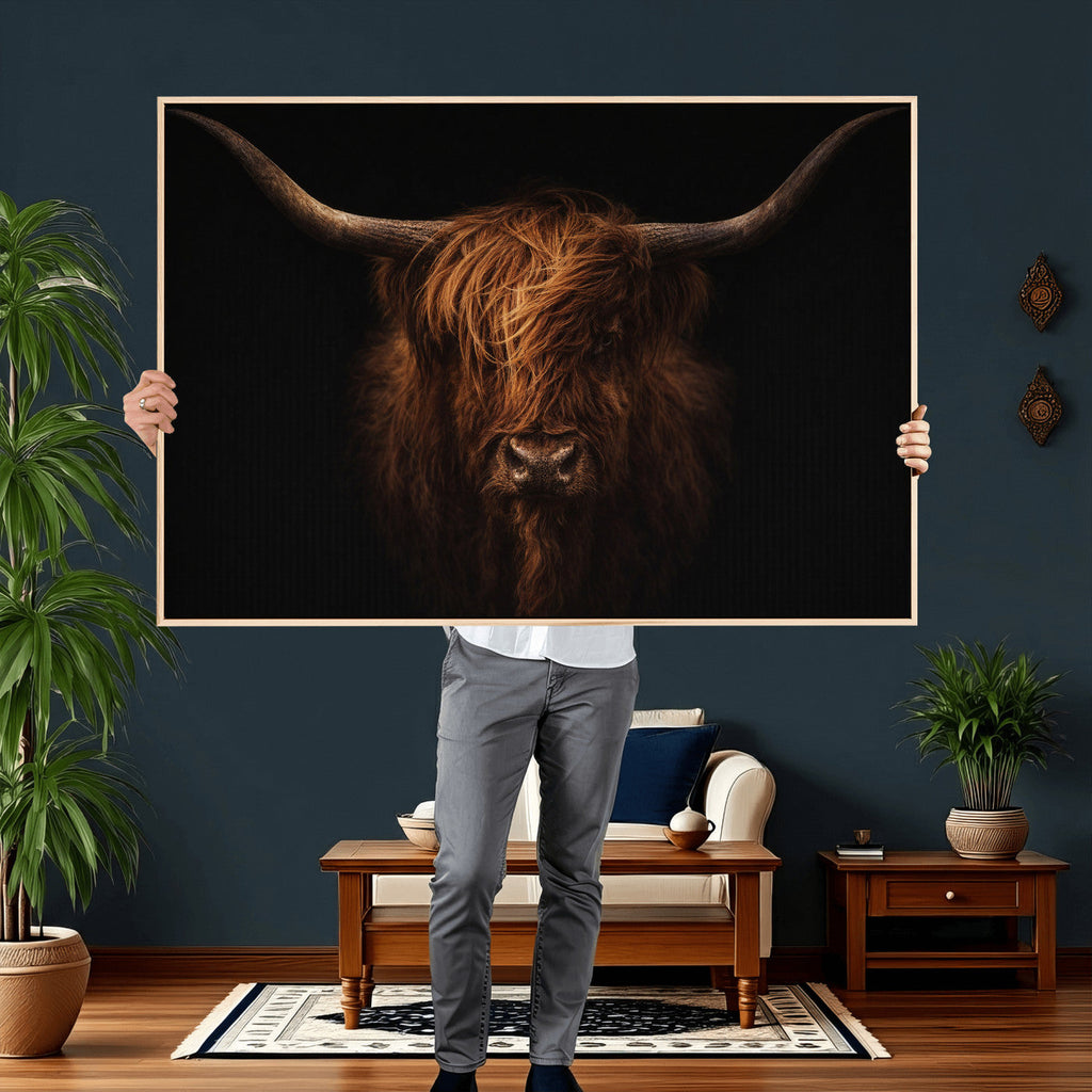 Highland Cow Wall Art Canvas Print | Moody Dark Rustic Farmhouse Portrait