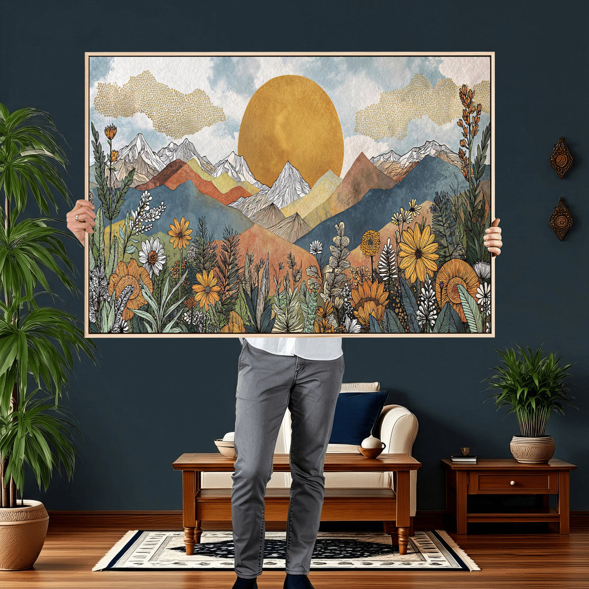 Boho Mountain Landscape Large Wall Art, Horizontal Gold Sun and Flowers Print