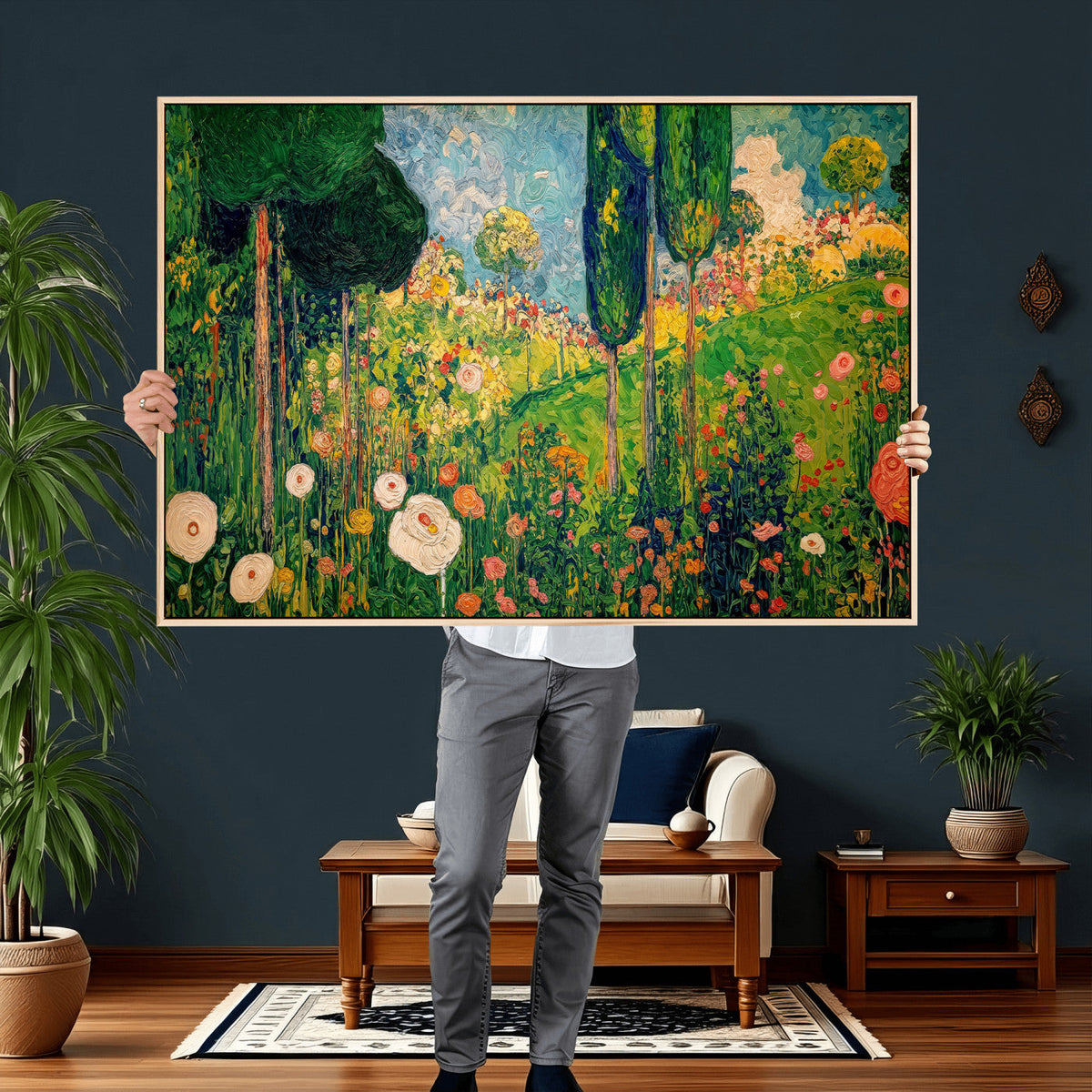 Gustav Klimt Boho Mountain Landscape Large Wall Art, Gold Sun and Flowers Print