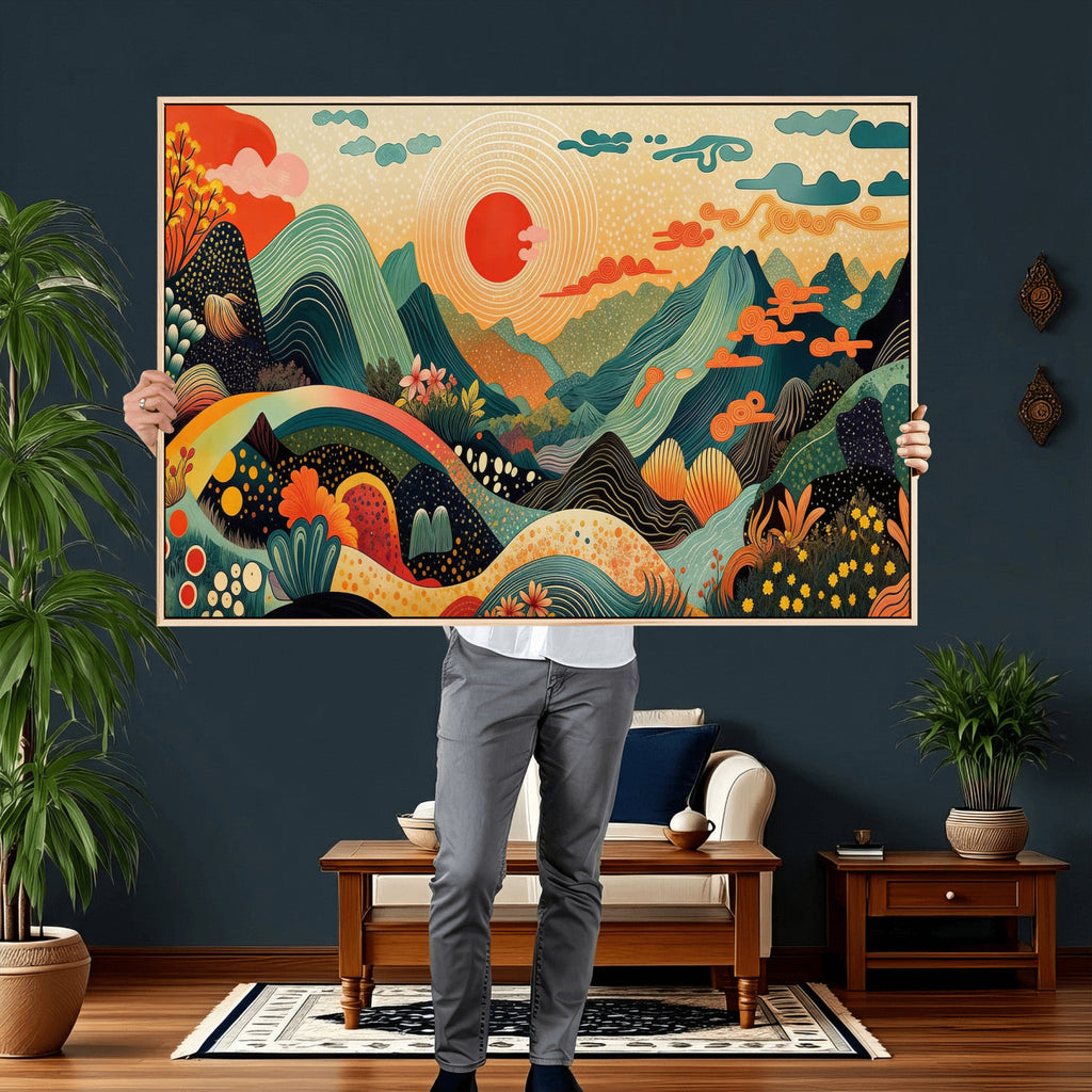 Yayoi Kusama Boho Mountain Landscape Large Wall Art, Gold Sun and Flowers Print