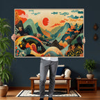 Yayoi Kusama Boho Mountain Landscape Large Wall Art, Gold Sun and Flowers Print