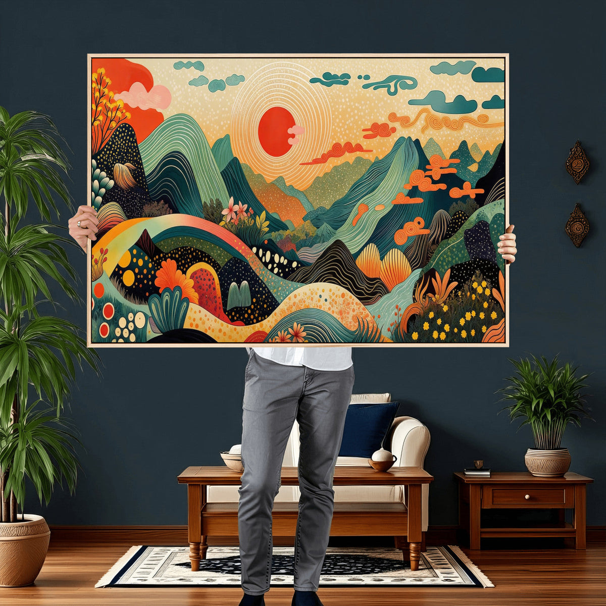 Yayoi Kusama Boho Mountain Landscape Large Wall Art, Gold Sun and Flowers Print