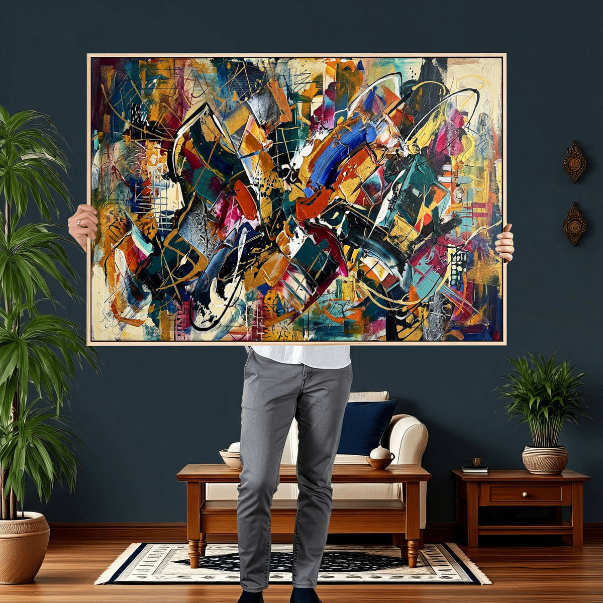 Geometric Abstract Wall Art Canvas Print, Orange Blue