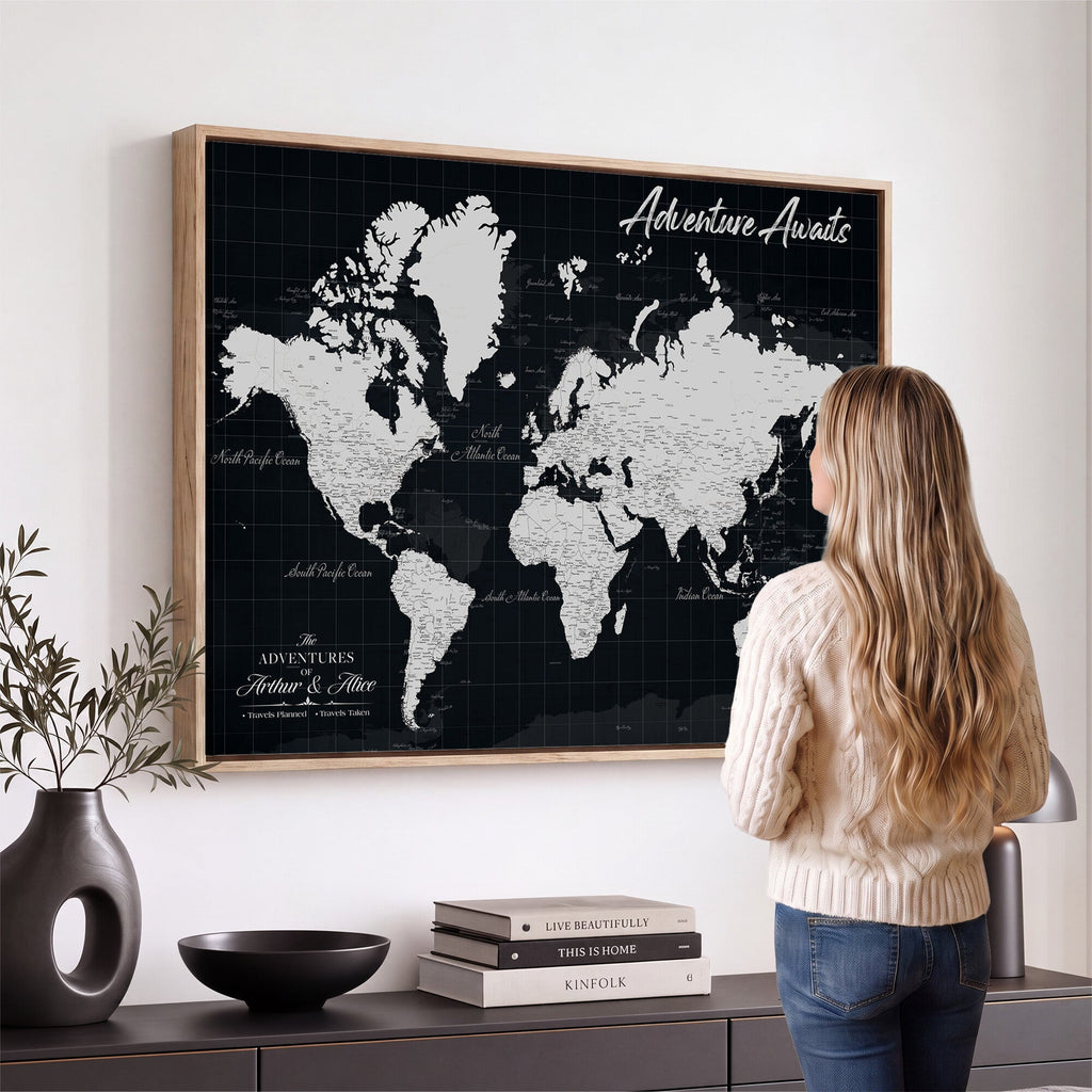 Personalized Black Push Pin Travel Map Canvas Print, Couples Countries Visited Map, Entryway and Hallway Decor