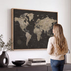 World Map Canvas Wall Art, Dark Charcoal and Antique Tan Detailed Map
