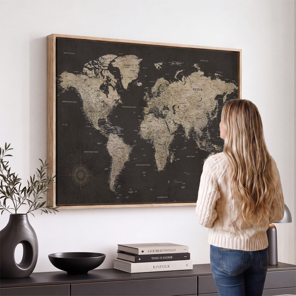 World Map Canvas Wall Art, Dark Charcoal and Antique Tan Detailed Map