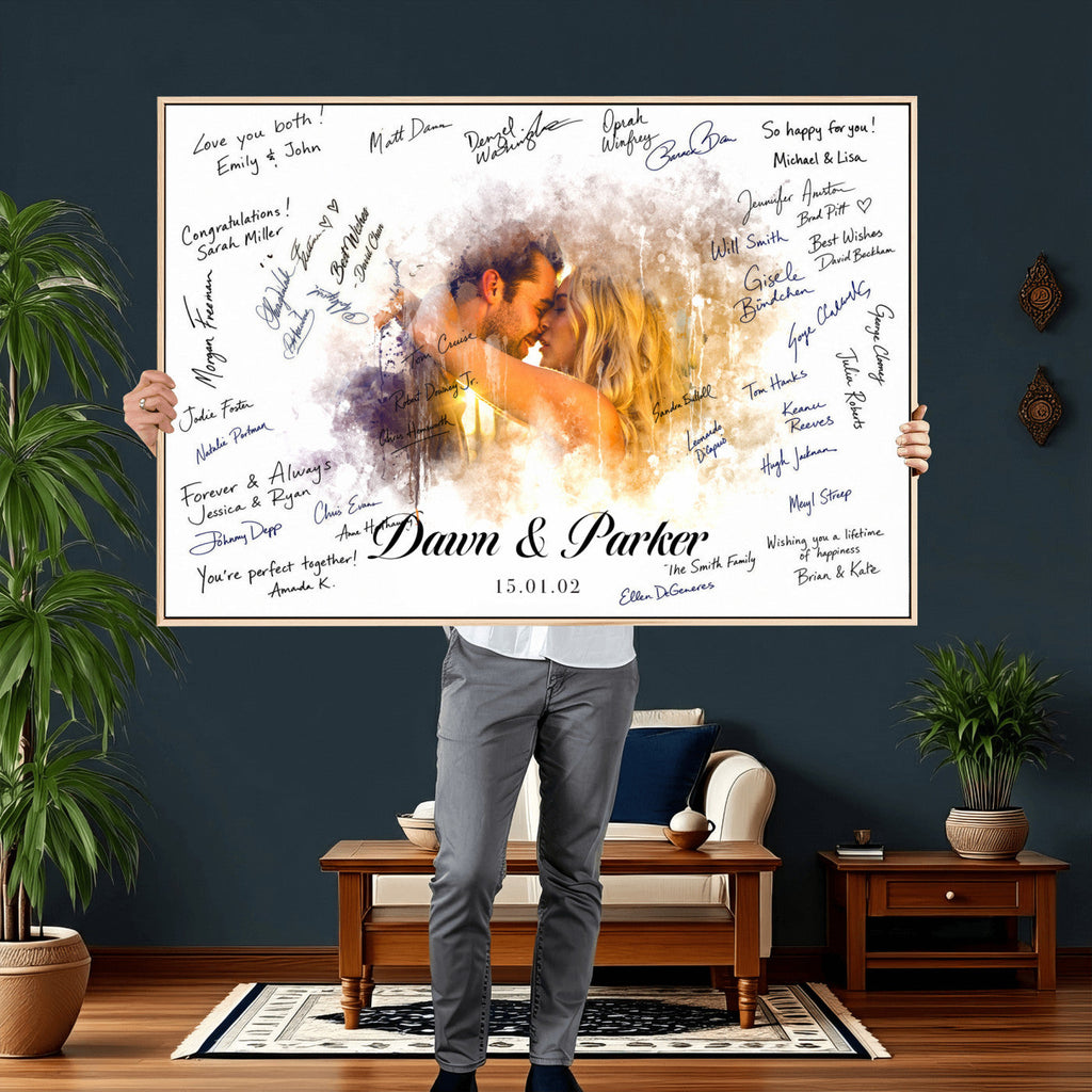 Ink Splash Wedding Guest Book Canvas, Personalized Couple Photo Sign