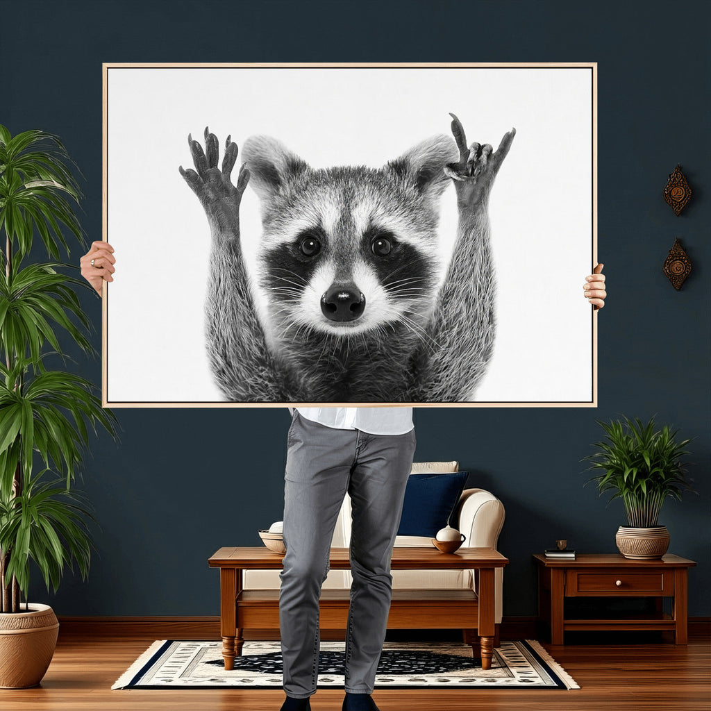 Funny Raccoon Canvas Wall Art, Black White Hands Up Animal Photo Print