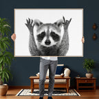 Funny Raccoon Canvas Wall Art, Black White Hands Up Animal Photo Print