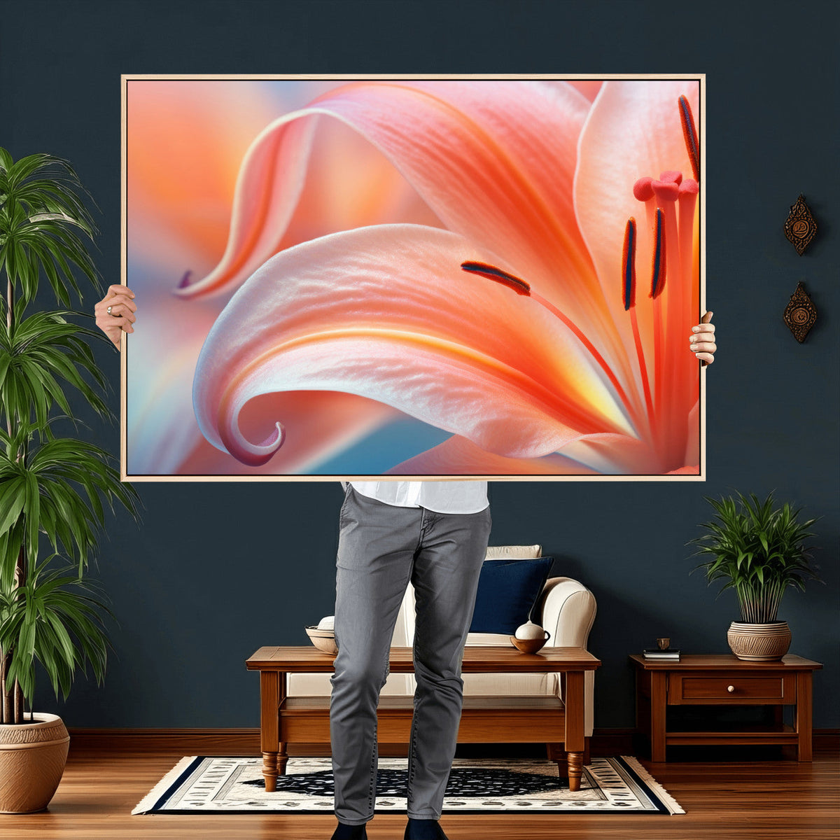 Peach Lily Canvas Wall Art, Coral Pink Flower Macro Photo Print, Botanical Decor