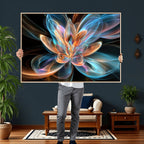 Fractal Lotus Canvas Wall Art, Blue Orange Glowing Flower Abstract Print
