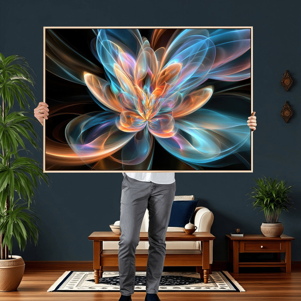 Fractal Lotus Canvas Wall Art, Blue Orange Glowing Flower Abstract Print