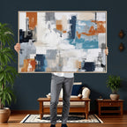 Blue Teal Abstract Canvas Wall Art, Modern Brushstroke Style Print, Navy Orange Contemporary Decor