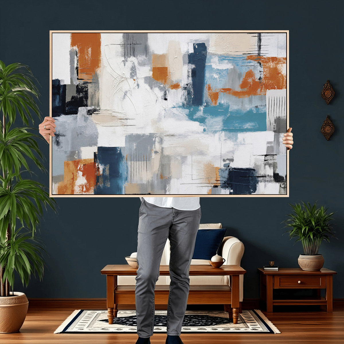 Blue Teal Abstract Canvas Wall Art, Modern Brushstroke Style Print, Navy Orange Contemporary Decor