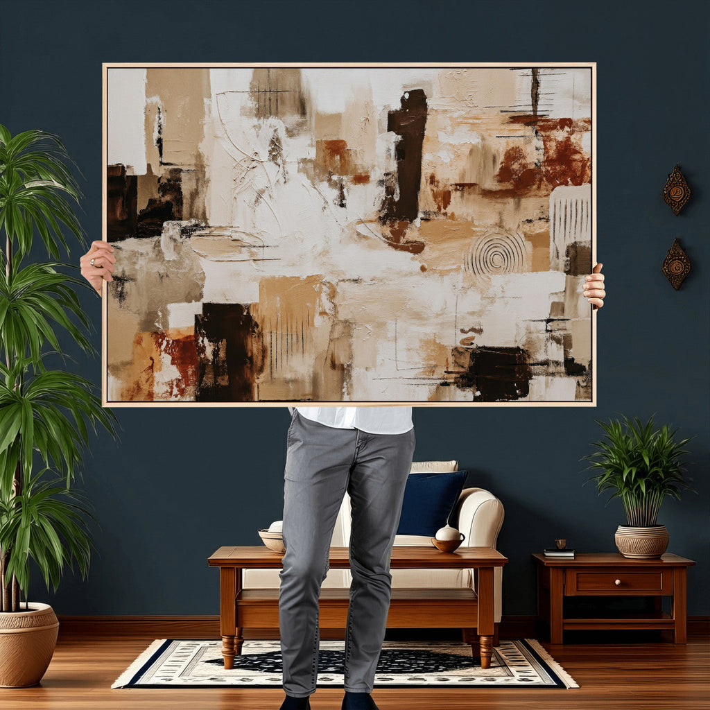 Blue Teal Abstract Canvas Wall Art, Modern Brushstroke Style Print, Navy Orange Contemporary Decor
