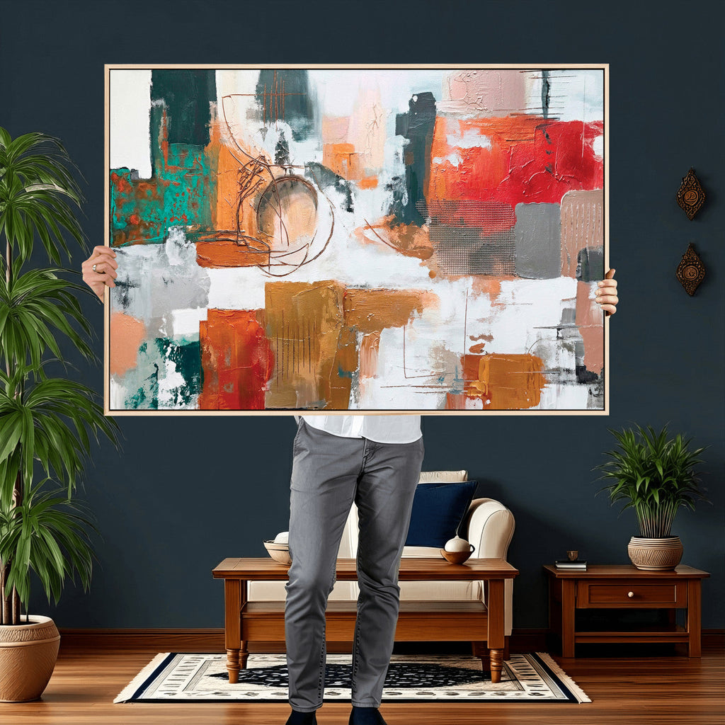 Blue Teal Abstract Canvas Wall Art, Modern Brushstroke Style Print, Navy Orange Contemporary Decor