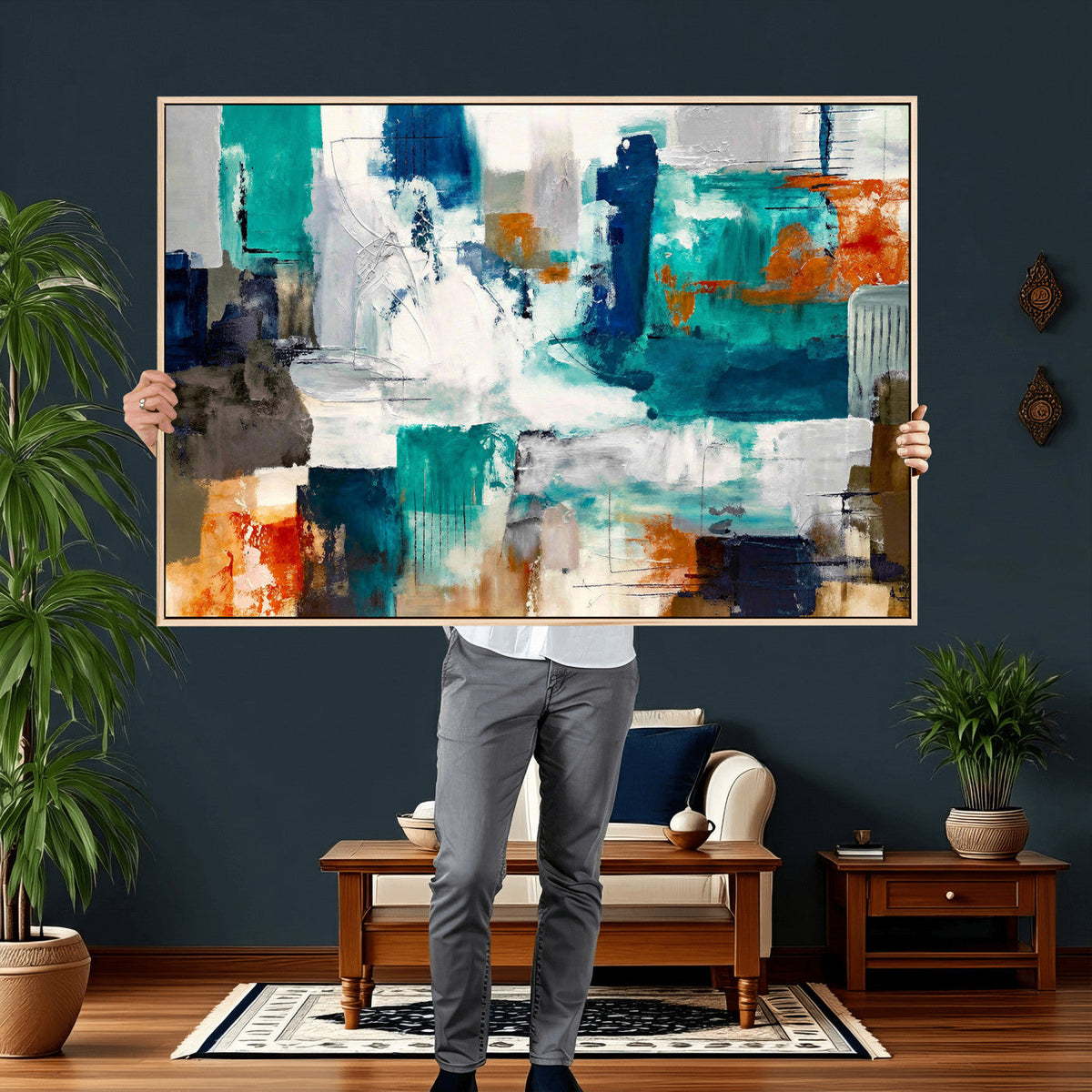 Blue Teal Abstract Canvas Wall Art, Modern Brushstroke Style Print, Navy Orange Contemporary Decor
