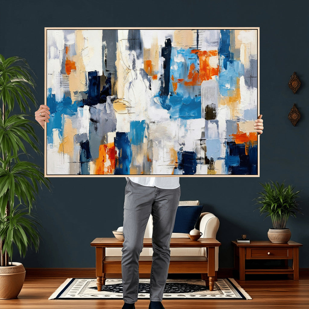 Blue Teal Abstract Canvas Wall Art, Modern Brushstroke Style Painting Print, Navy Orange Contemporary Decor