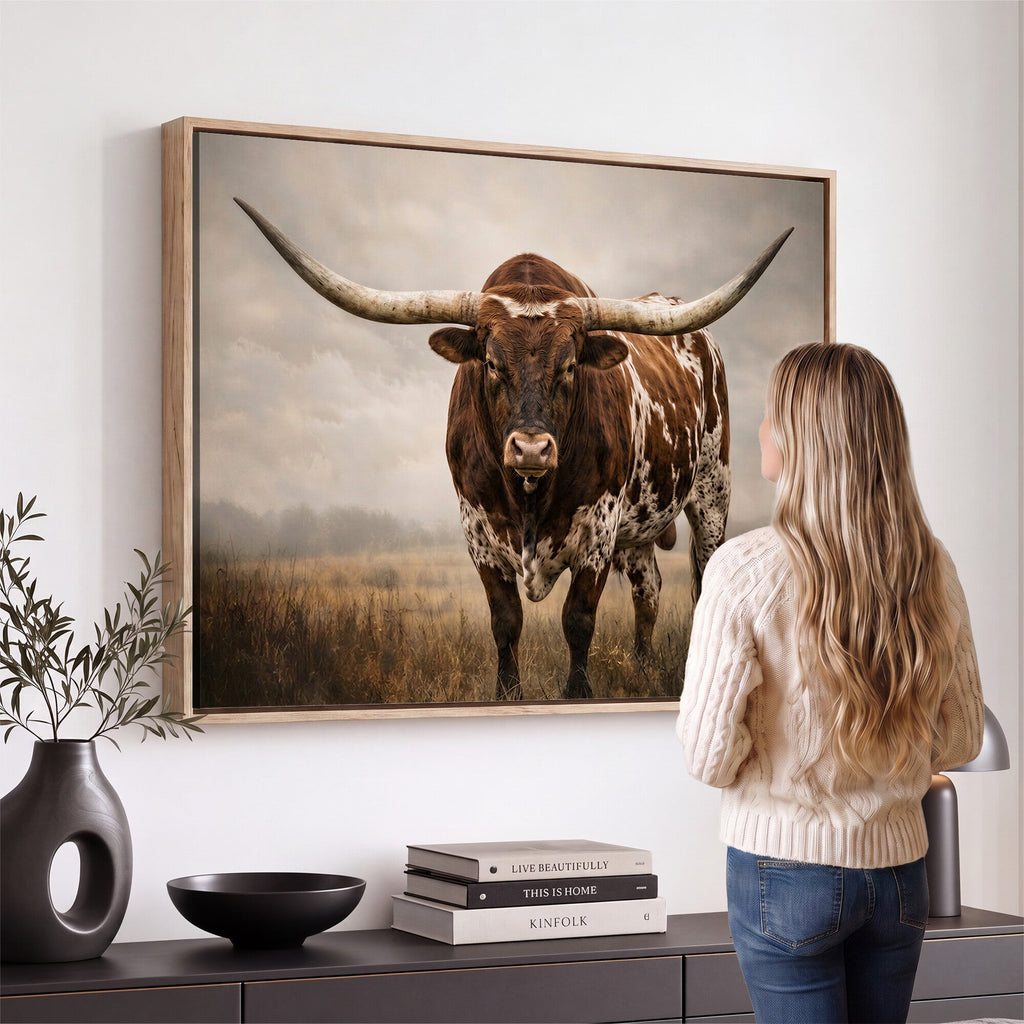 Texas Longhorn Wall Art Canvas Print | Brown Horned Bull Rustic Western Decor