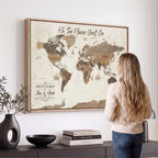 Personalized Beige Geometric Family Push Pin World Map Canvas Print, Honeymoon and Anniversary Gift, Living Room and Study Decor