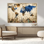 World Map Canvas Print | Vintage Blue and Gold World Map Wall Art