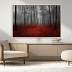Red Forest Floor Canvas Wall Art | Mystical Foggy Woodland Triptych